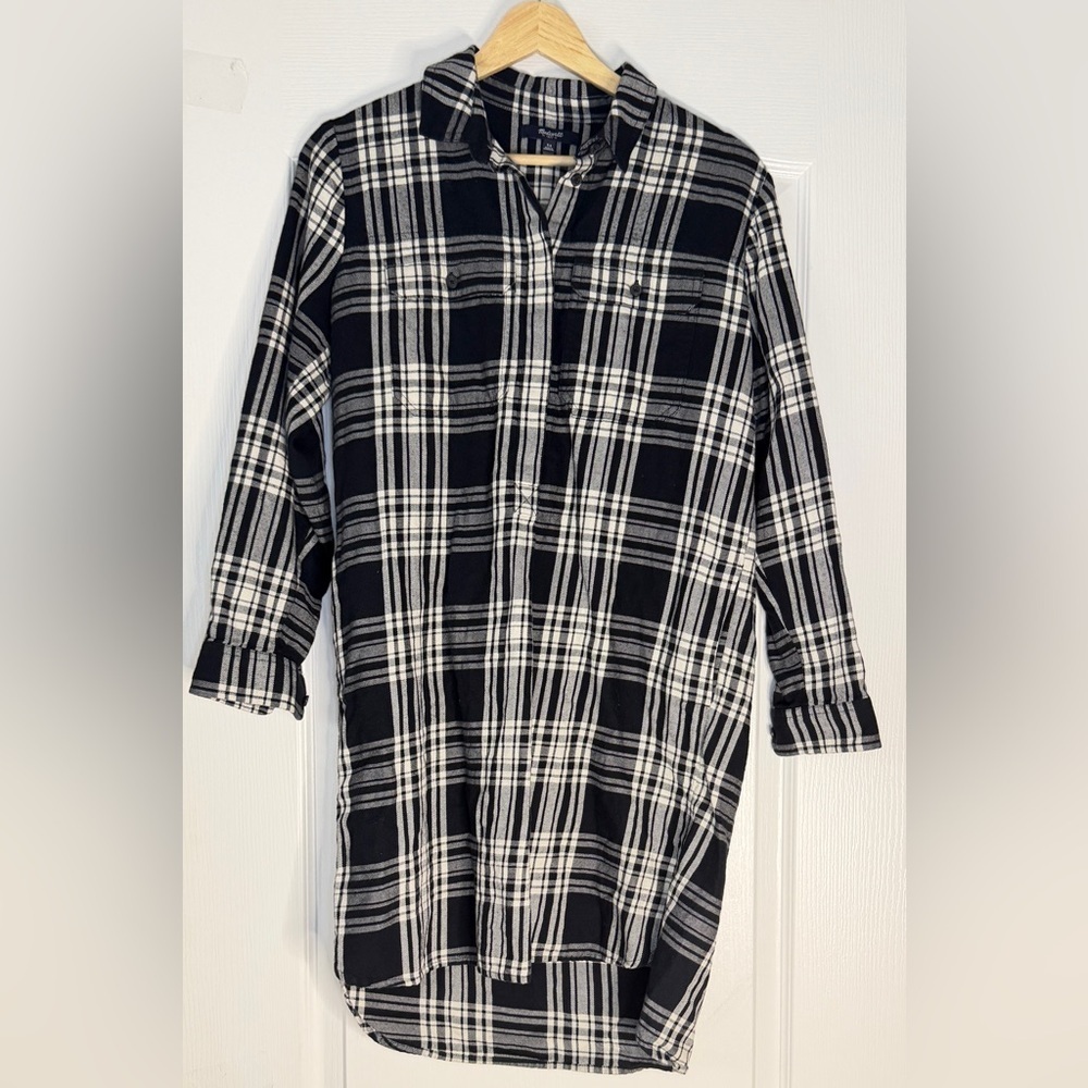 Madewell Plaid Shirt Dress XS Black Long Sleeve Button Front Tunic Mini Flannel